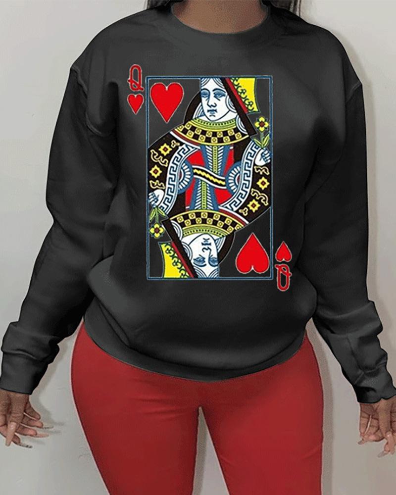 

Poker Print Long Sleeve Casual Sweatshirt, Black
