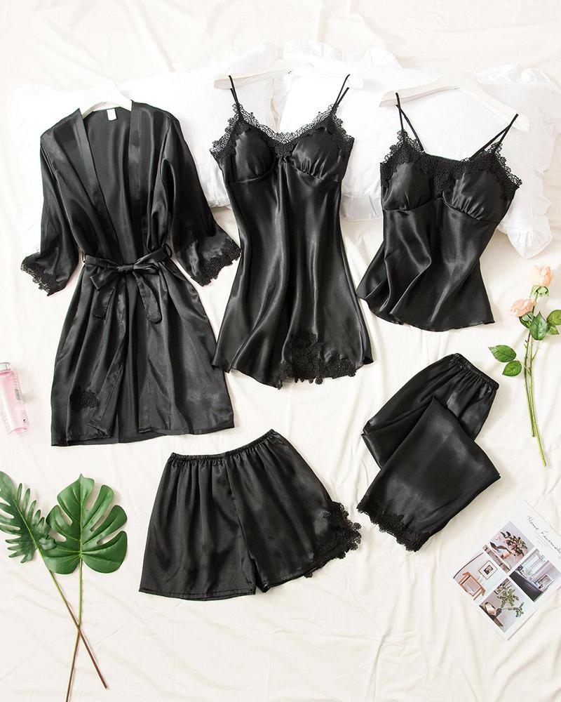 

Satin Slim Fit 5Pcs Pajama Set, Black