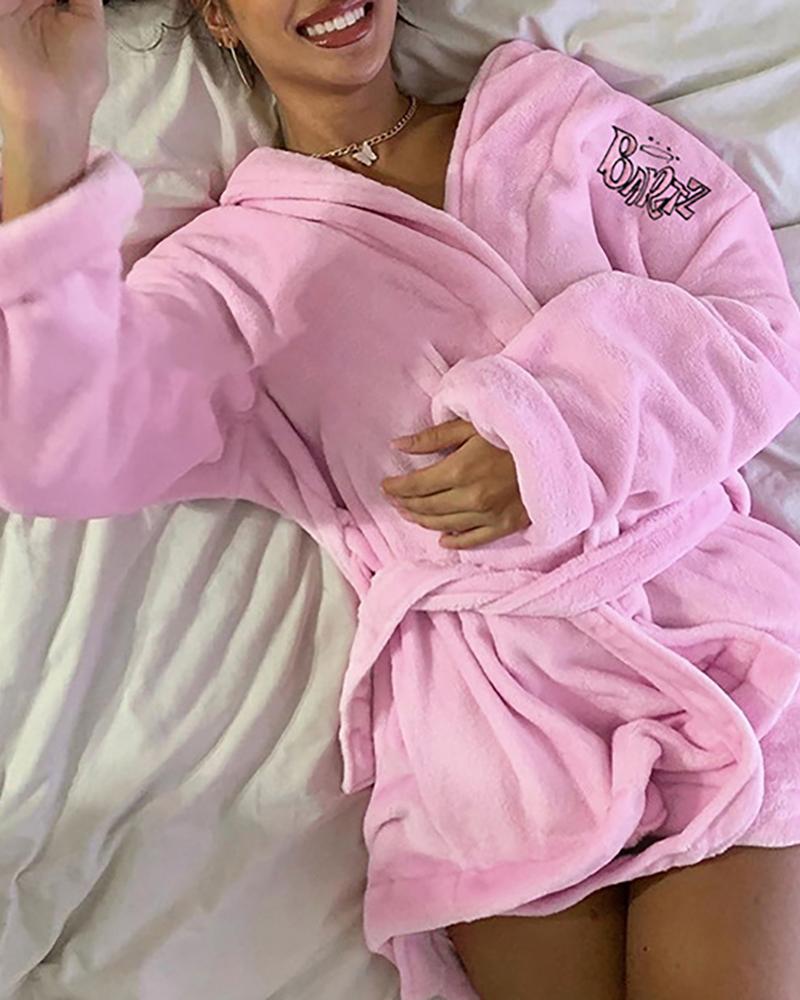 

Letter Print Self Belted Teddy Robe, Pink