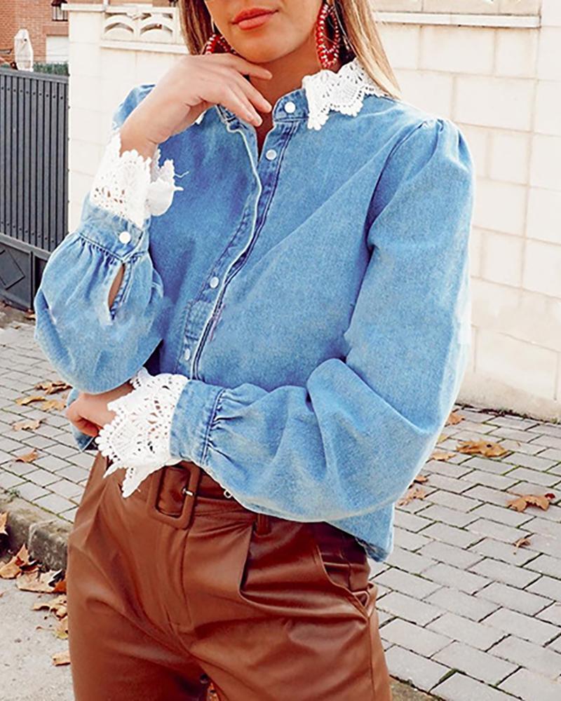 

Guipure Lace Patch Buttoned Denim Shirt, Blue