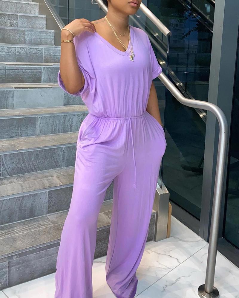 

Short Sleeve Casual Top & Drawstring Ruched Pants Set, Purple