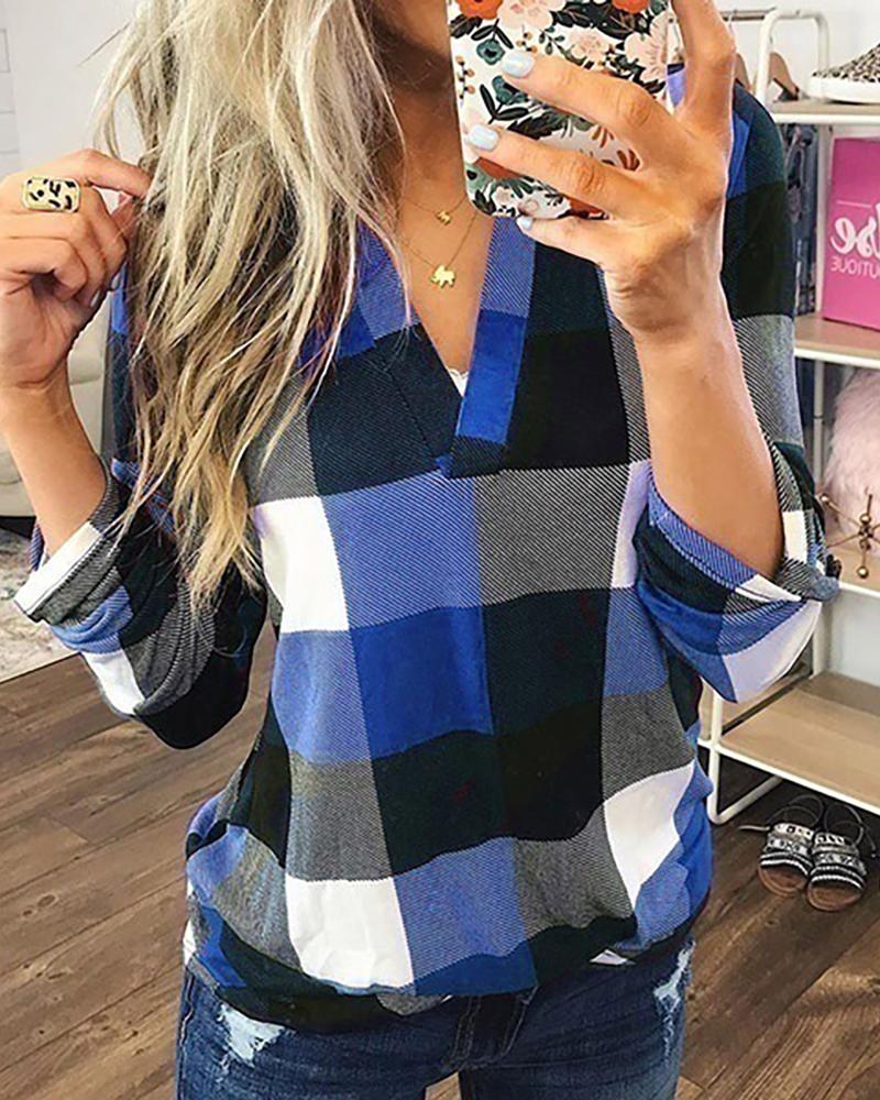 

Grid Print V-Neck Casual Blouse, Blue