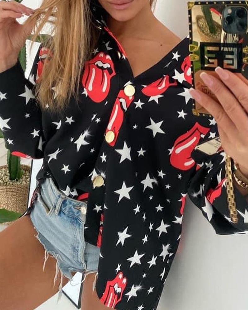 

Lip Star Print Long Sleeve Shirt, Black