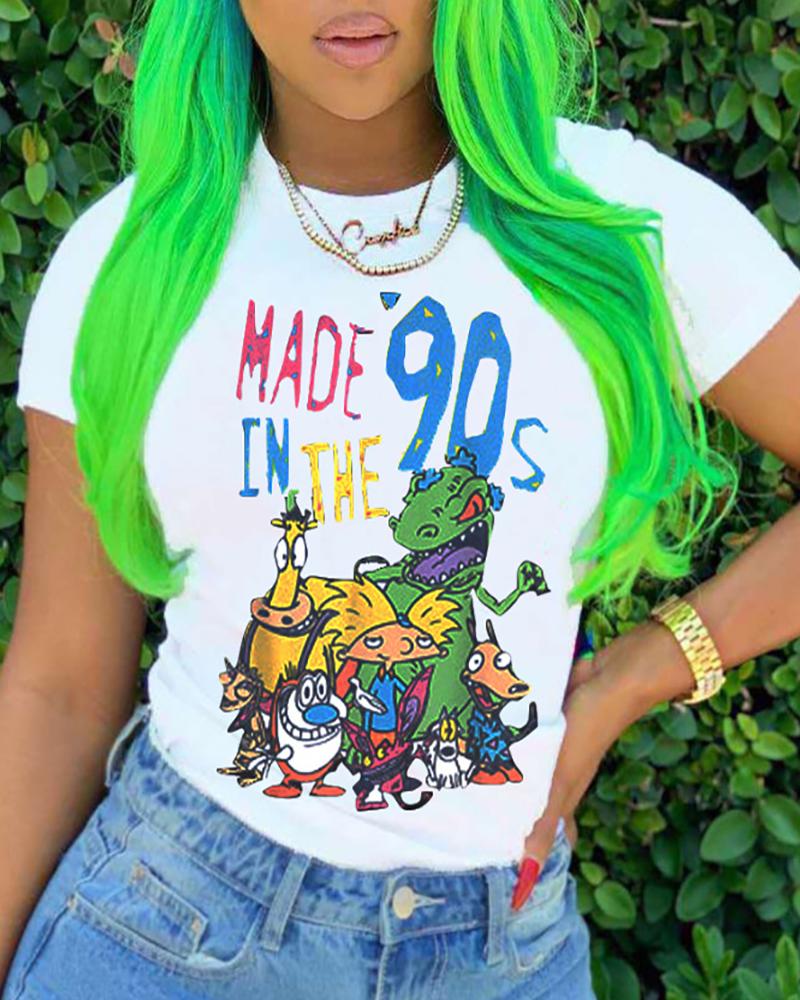 

Letter Cartoon Print Short Sleeve Casual T-shirt, White