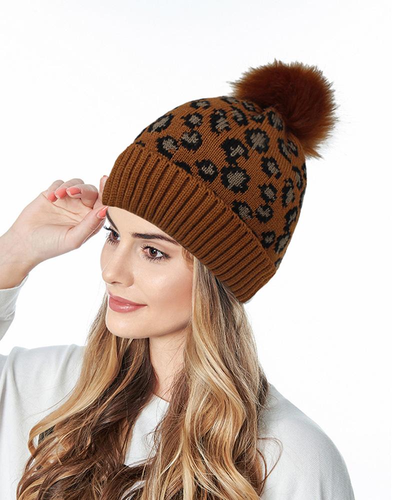 

Cheetah Print Pom Pom Decor Beanie, Brown