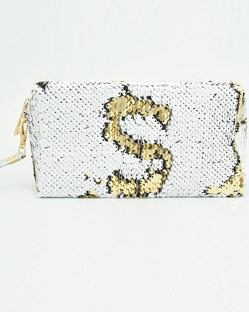 

Letter Pattern Sequins Evening Handbag Clutch Bag, White