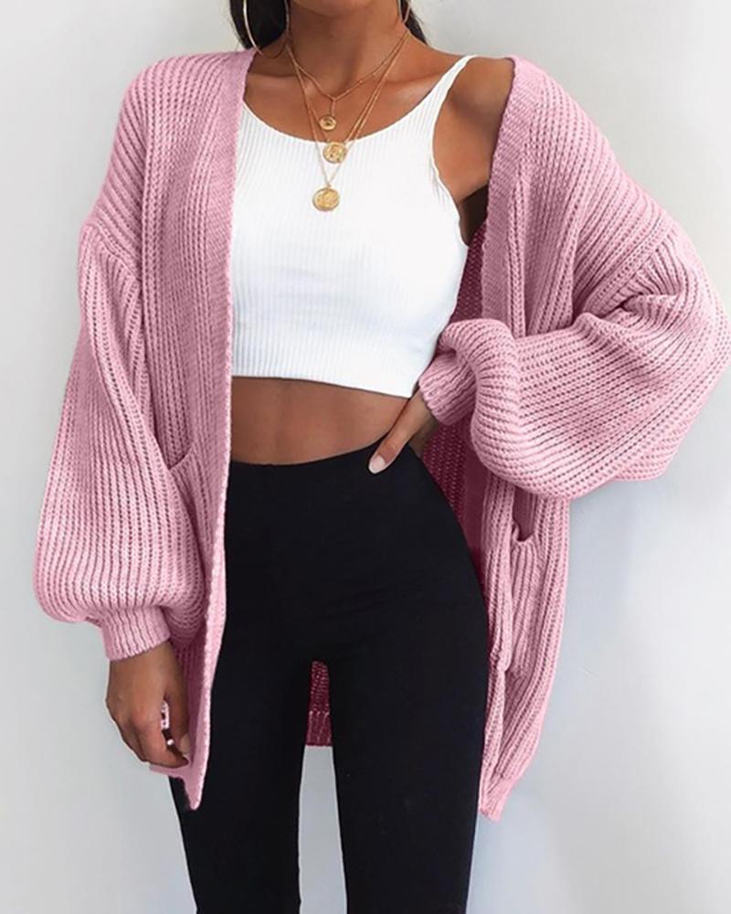 

Knit Lantern Sleeve Casual Cardigan, Pink
