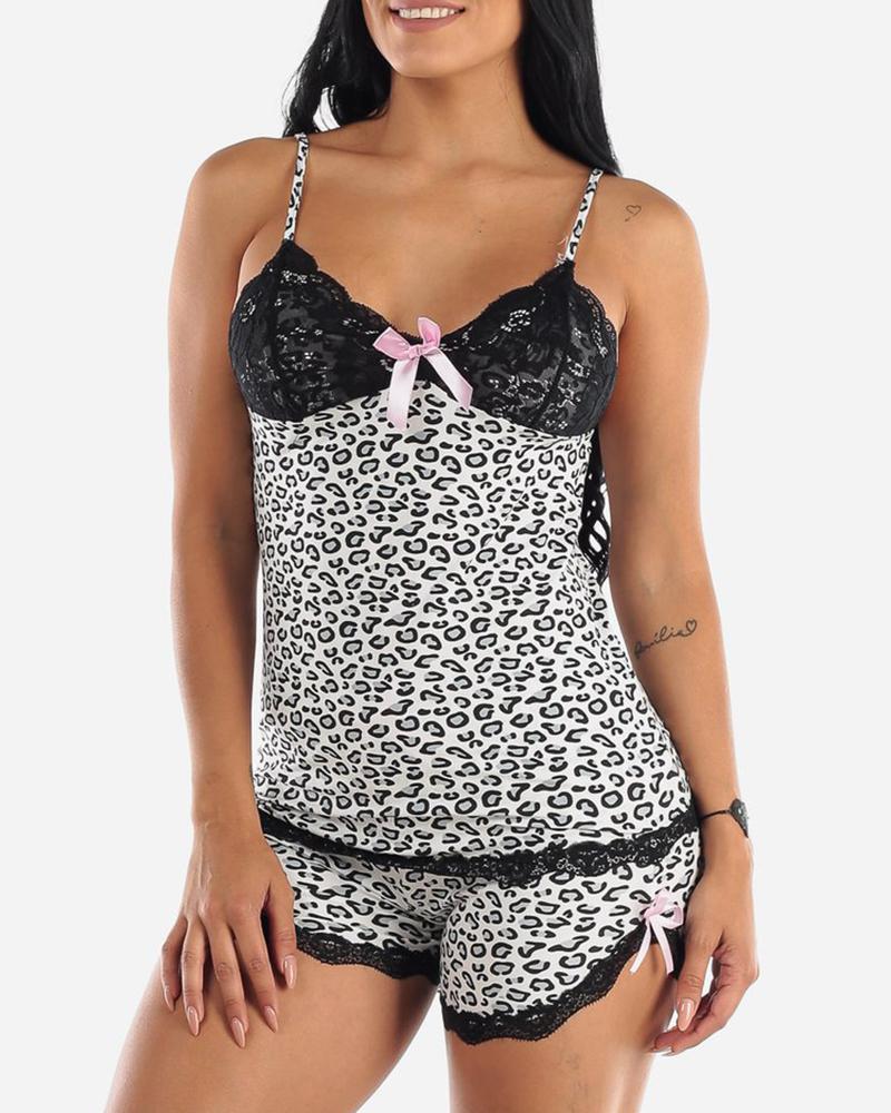

Leopard Print Bowknot Design Cami Set, White