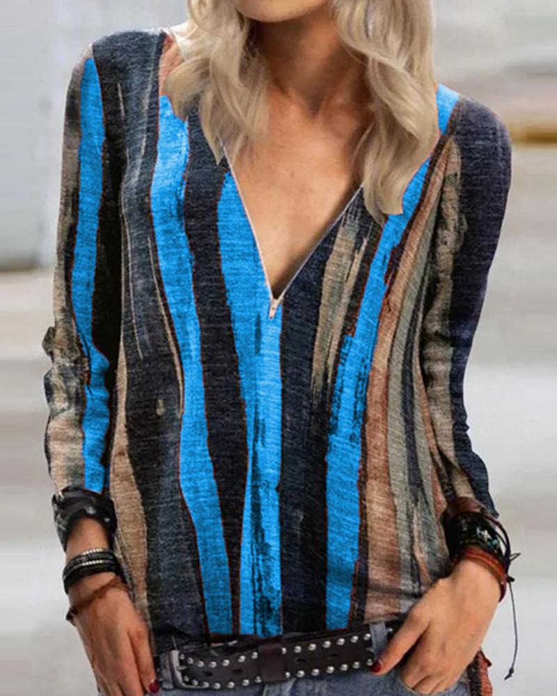 

Colorblock Zipper Design Long Sleeve Women Top, Blue