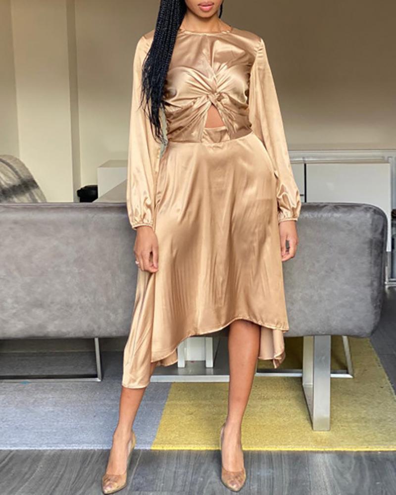 

Plain Lantern Sleeve Twisted Crop Top & High Waist Skirt Set, Champagne