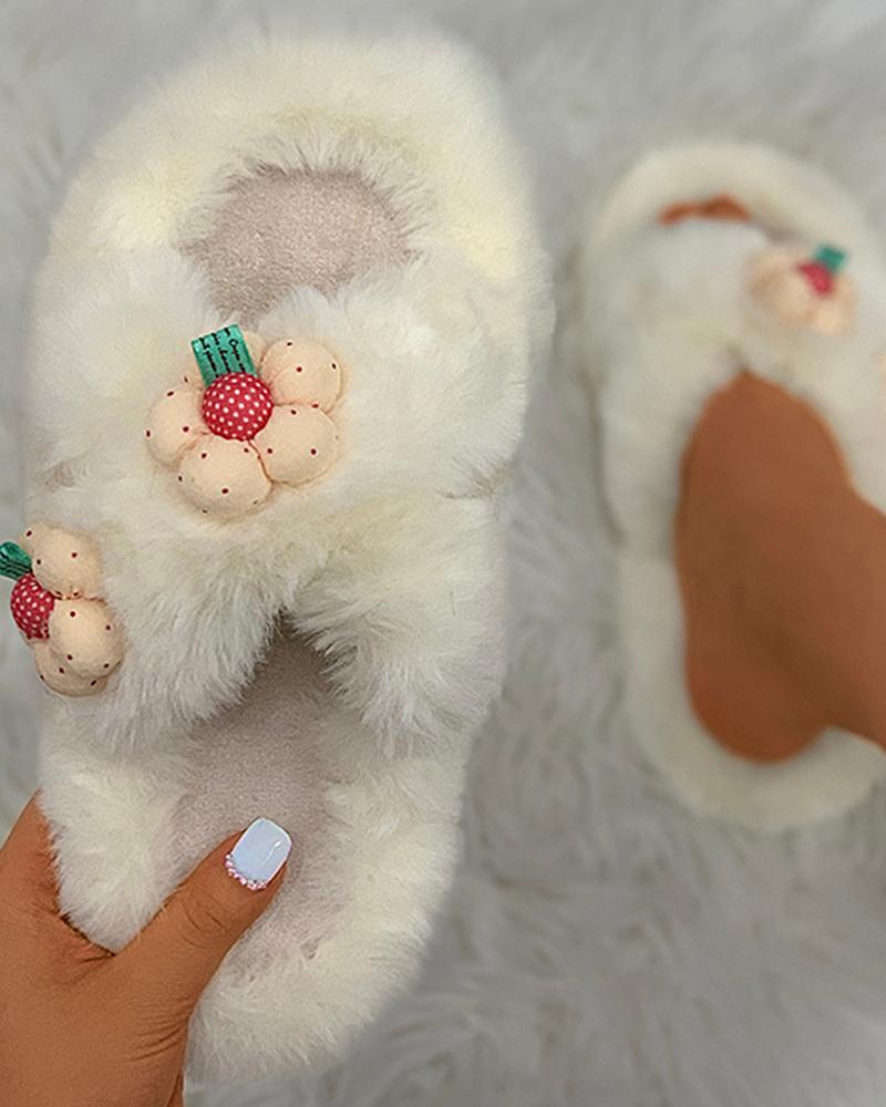 

Floral Pattern Cross Fluffy Slippers, Beige