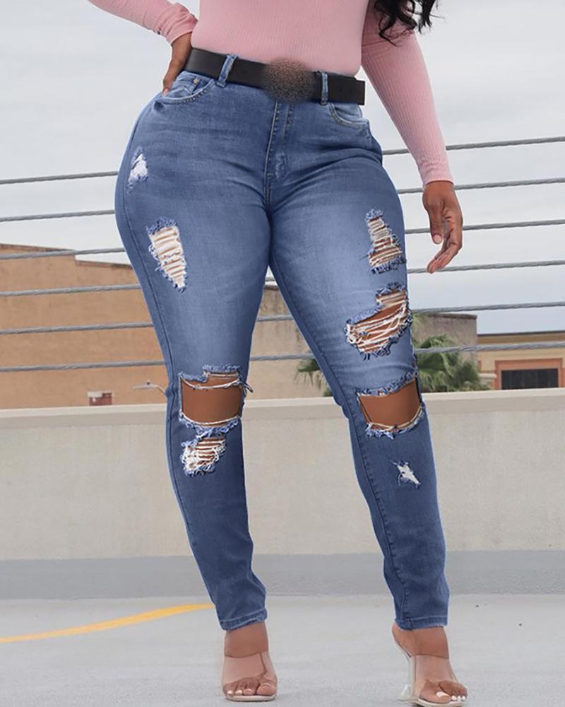 

Ripped Cutout High Waisted Denim Pants Without Belt, Blue