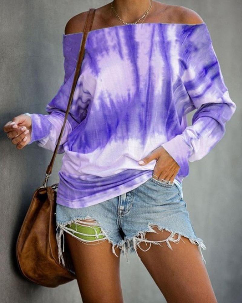 

Tie Dye Print Off Shoulder Long Sleeve Blouse, Purple