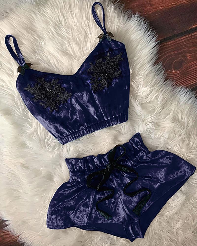 

Guipure Lace Bowknot Decor Velvet Cami Set, Dark blue