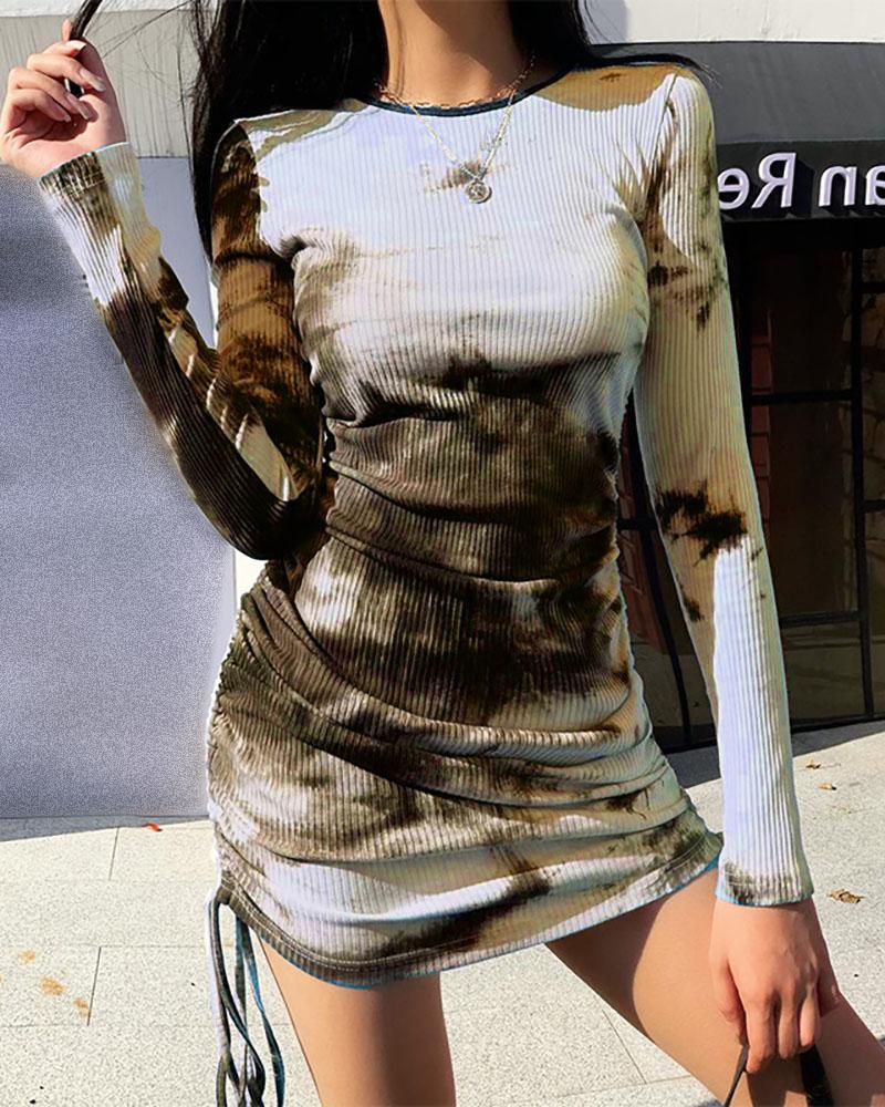 

Tie Dye Print Ruched Drawstring Bodycon Dress, Coffee