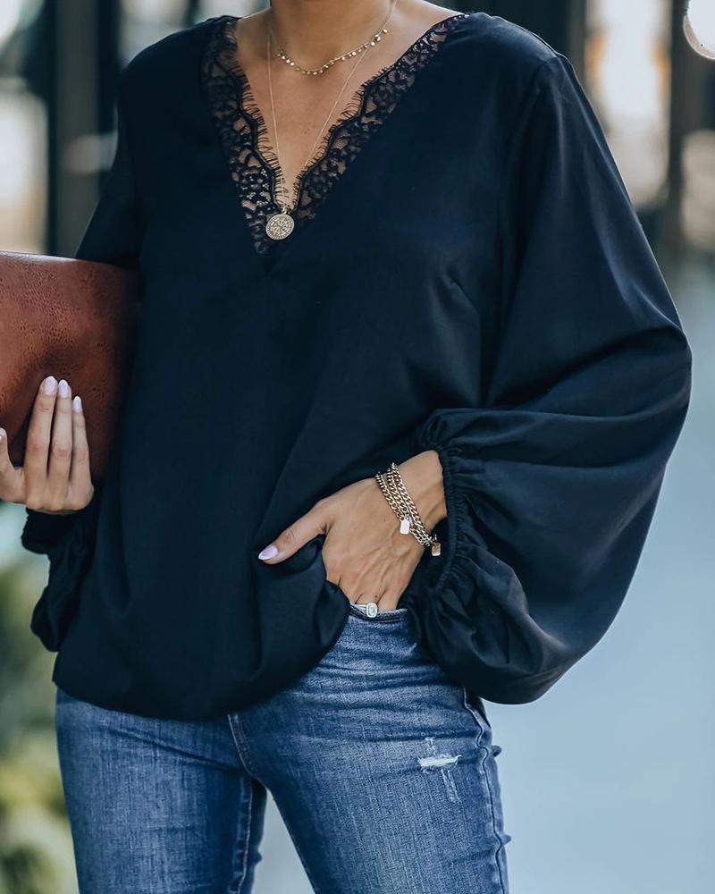 

Plain Lantern Sleeve Lace Trim Top, Black