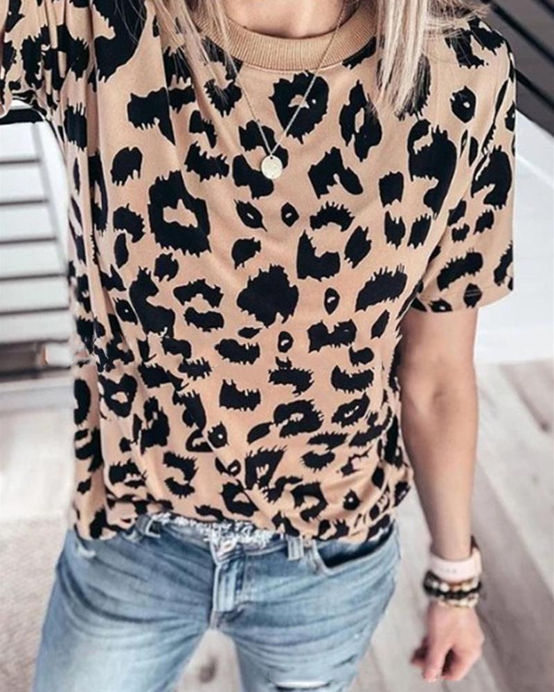 

Cheetah Round Neck T-shirt Top, Khaki