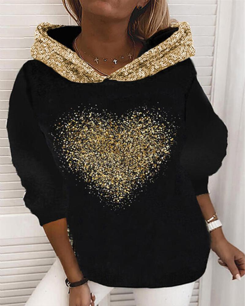 

Heart Splicing Sequin Long Sleeve Hooded Sweatshirt, Black