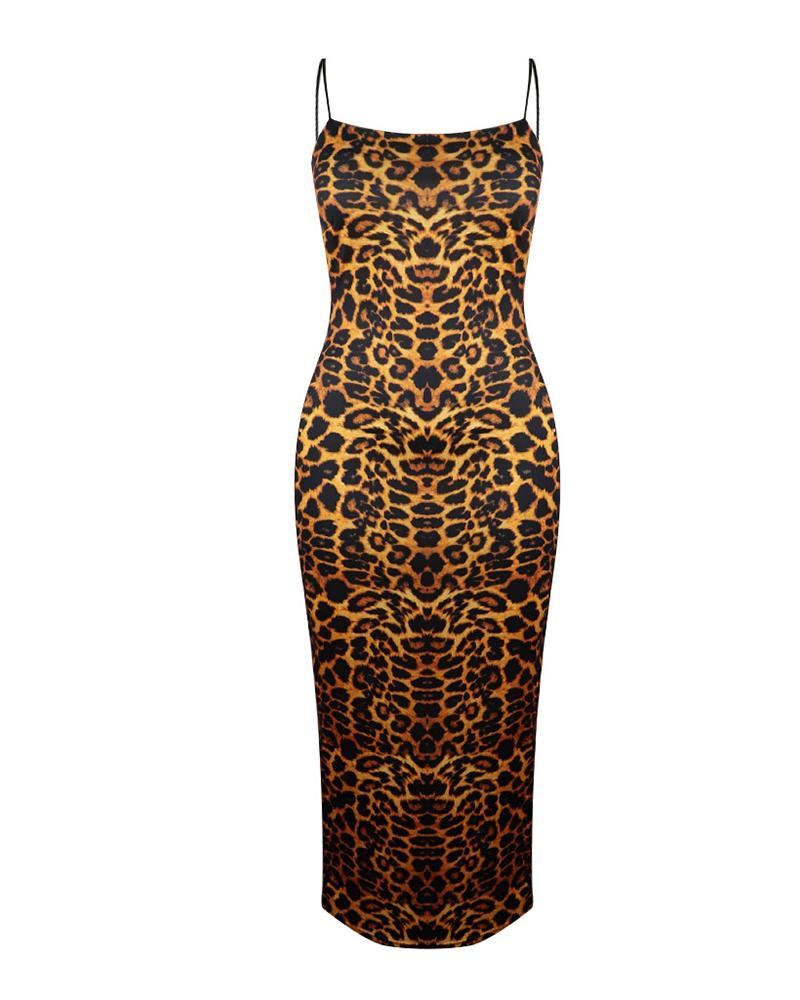 spaghetti strap leopard print bodycon dress