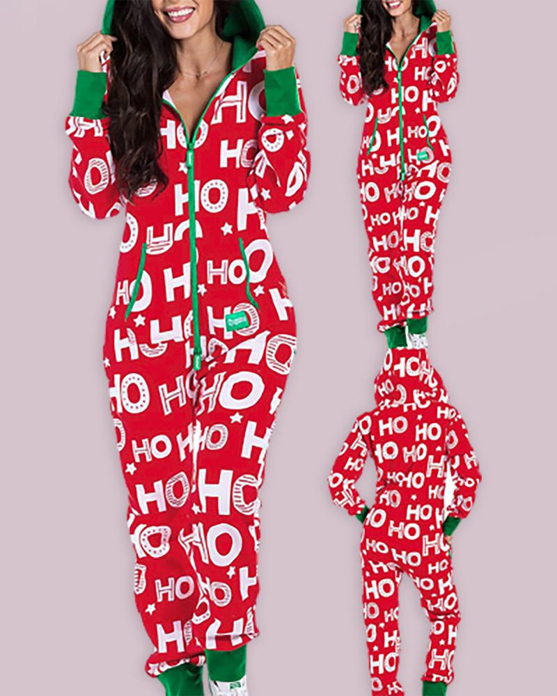 

Christmas Print Long Sleeve Zipper Design Jumpsuit, Red