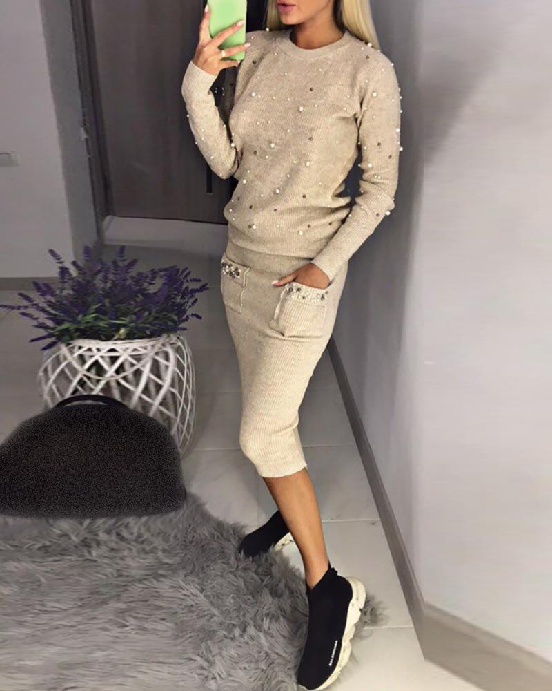 

Beaded Top & Pocket Design Skirt Set, Apricot