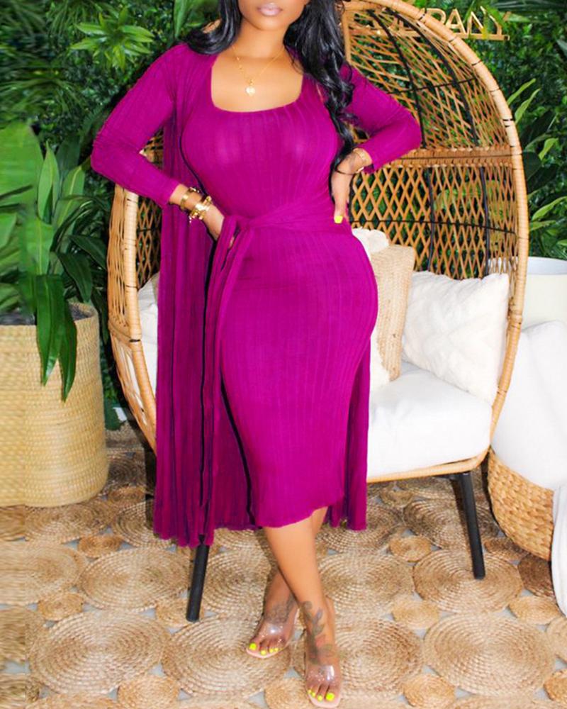 

Ribbed Thick Strap Midi Dress With Long Sleeve Cardigan Set, Purple