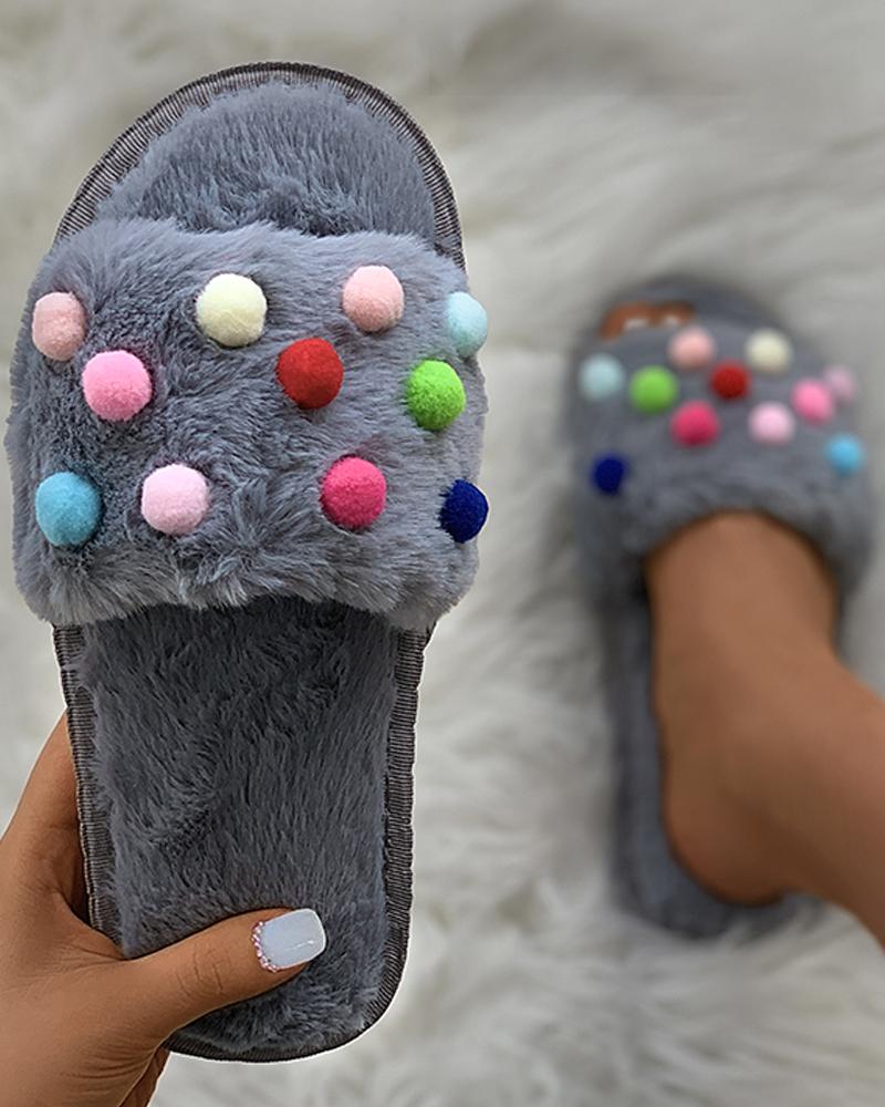 

Pom Pom Colorblock Fluffy Slippers, Gray