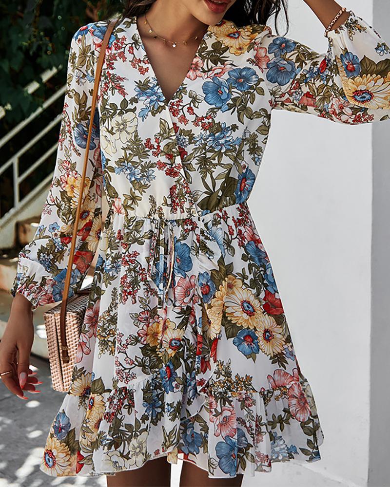 

Floral Print Sheer Mesh Ruffle Hem Women Dress, White