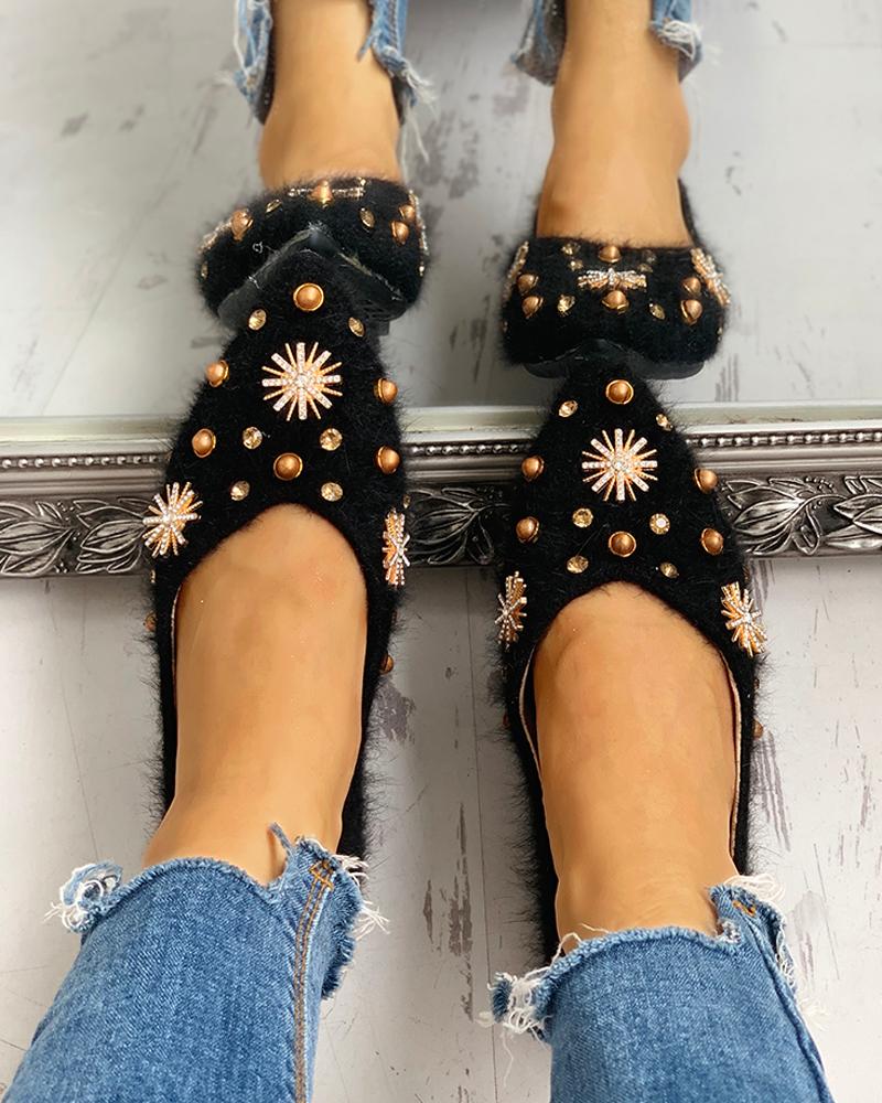 

Studded Embellished Fluffy Flat Shoes, Black