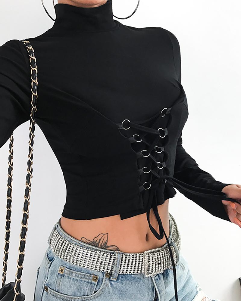 

Eyelet Lace-Up Crop Women Top, Black