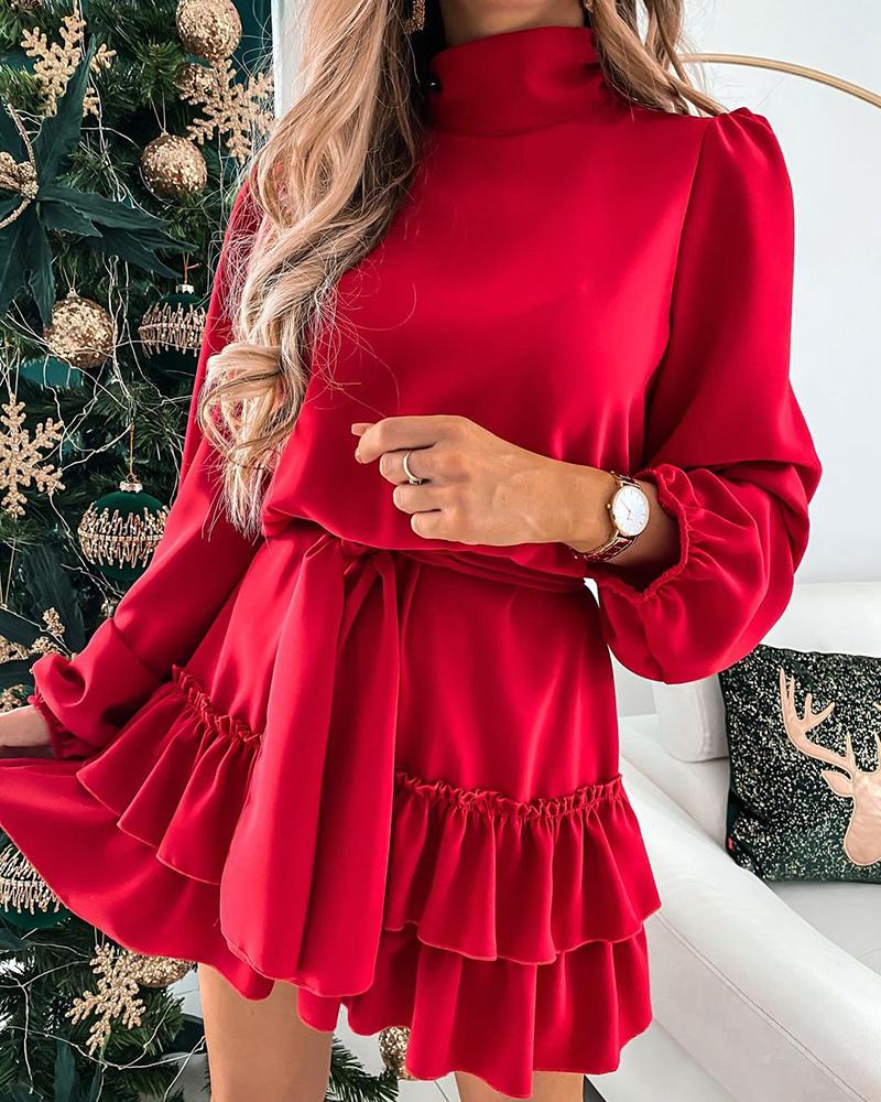 

Plain Puff Sleeve Ruffle Hem Dress, Red