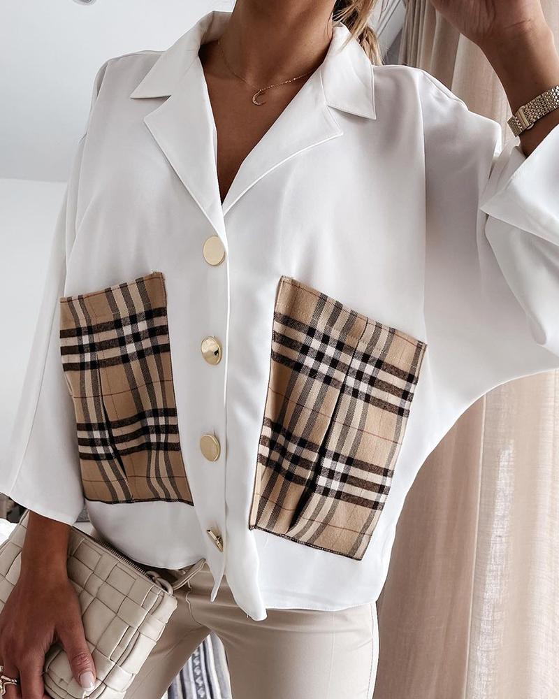 

Plaid Print Pocket Design Long Sleeve Shirt, White