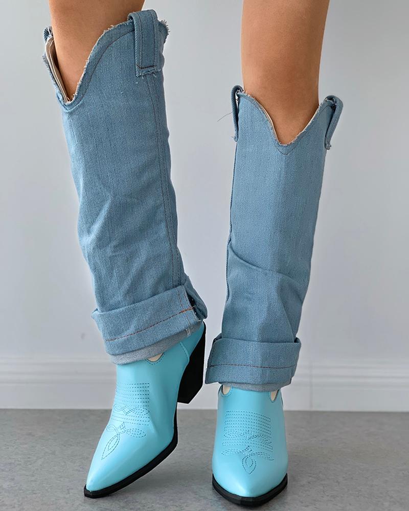 

Denim Slit Chunky PU Boots, Blue