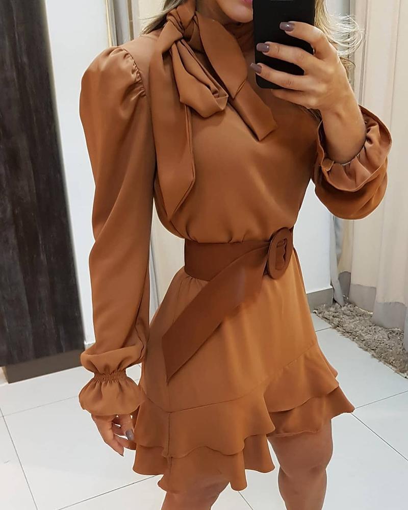 

Tie Neck Long Sleeve Ruffles Dress, Brown