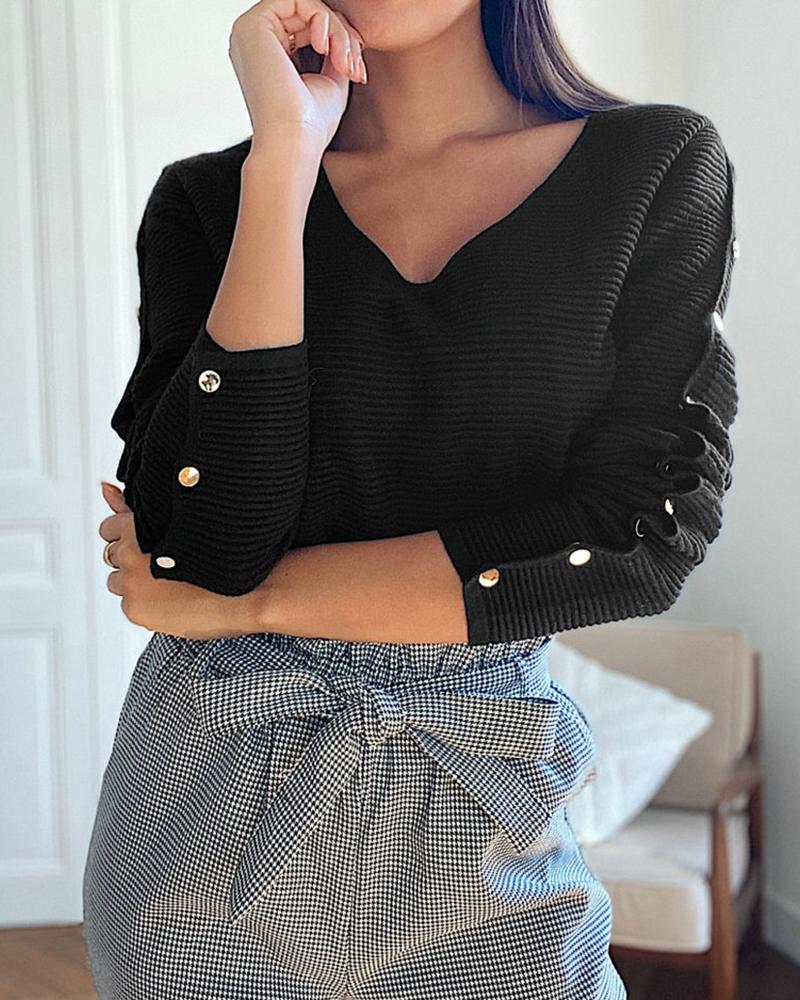 

Button Design Long Sleeve Casual Sweater, Black