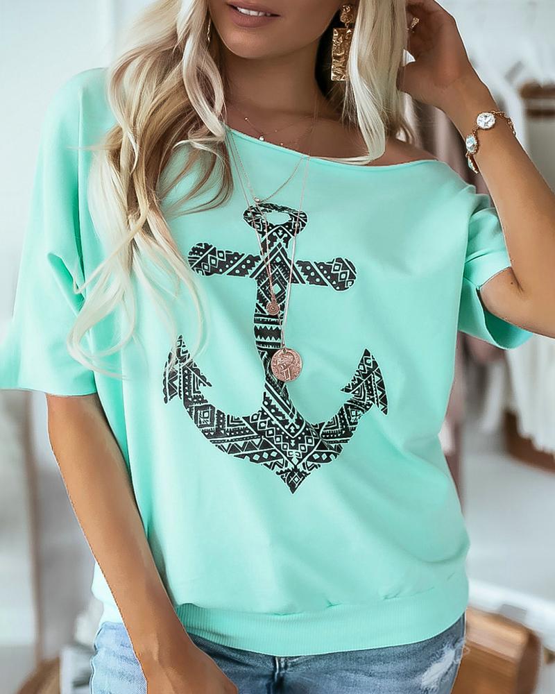 

Boat Anchor Print Half Sleeve Casual T-shirt, Green