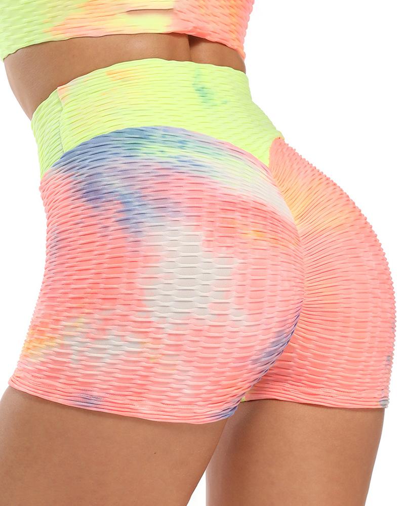 

High Waist Tie Dye Print Ruched Biker Shorts, Multicolor