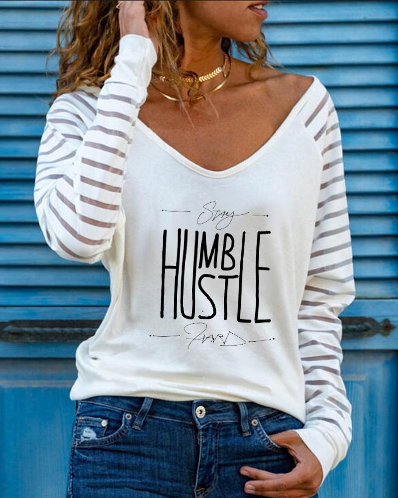 

Letter Print Long Sleeve Casual Top, White