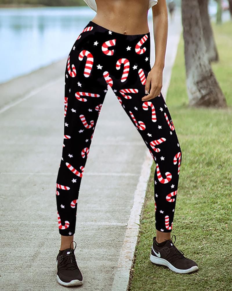 

Christmas Mixed Print High Waist Skinny Pants, Black&red