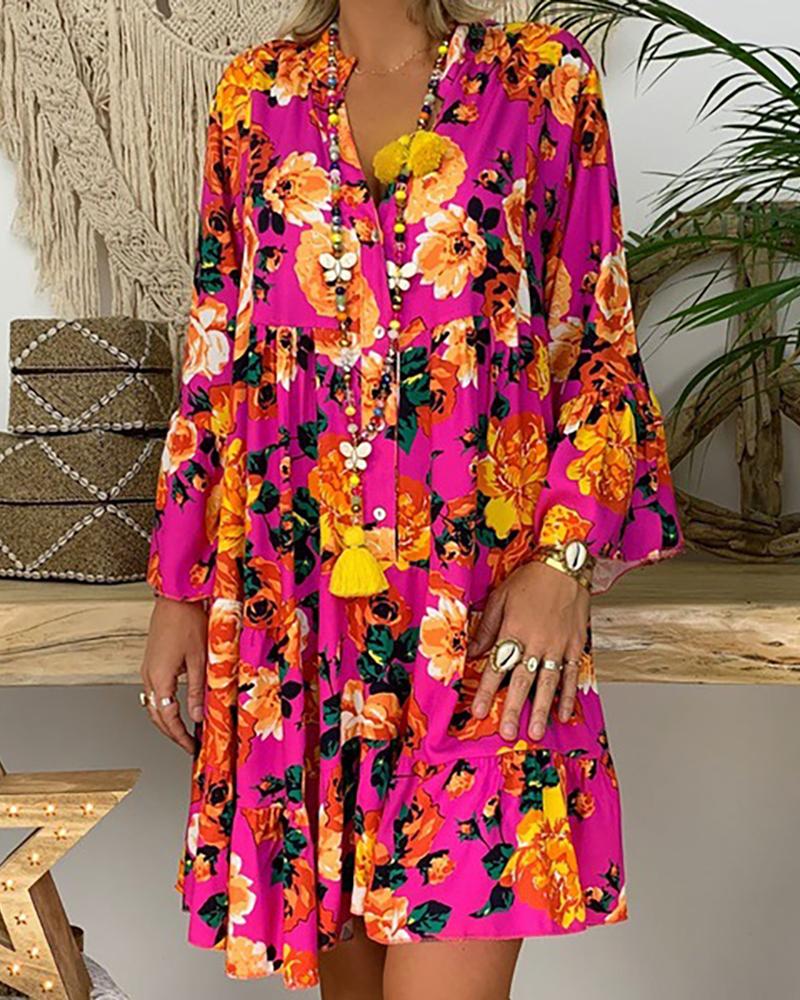 

Floral Cartoon Print Buttoned Ruffles Dress, Hot pink