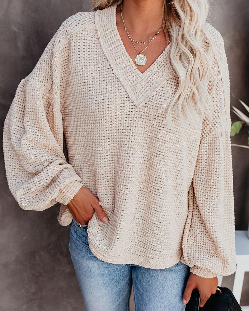 

Plain Lantern Sleeve Casual Knit Sweater, Apricot