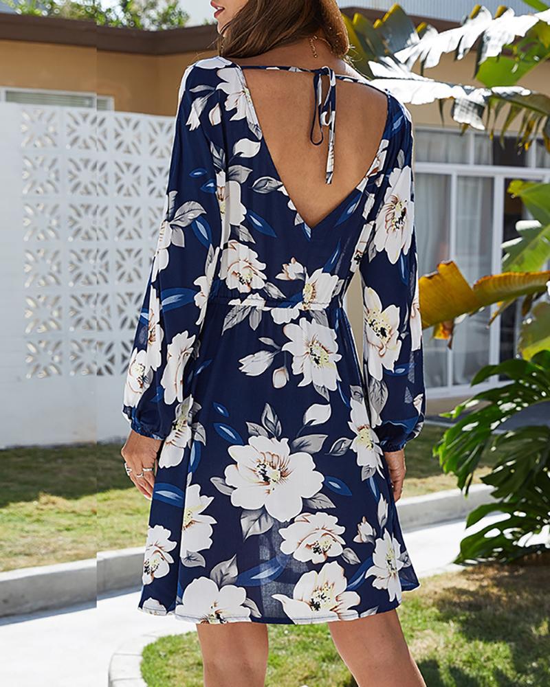 summer floral printed v collar button embellished vacation dress