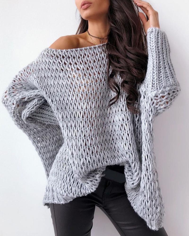 

Batwing Sleeve Hollow Out Casual Sweater, Gray