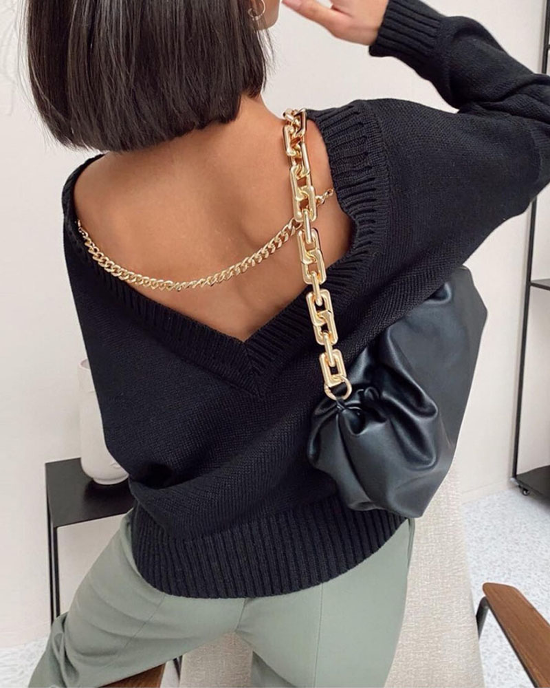 

Chain Decor Backless Long Sleeve Sweater, Black