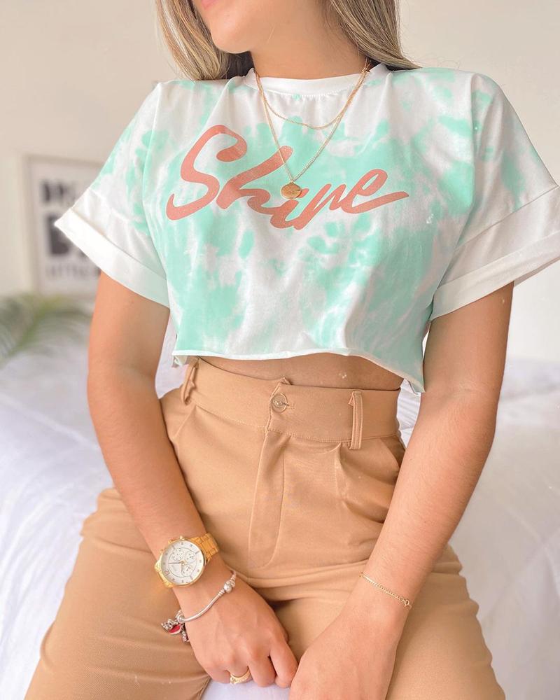 

Letter Tie Dye Print Short Sleeve T-shirt, Green