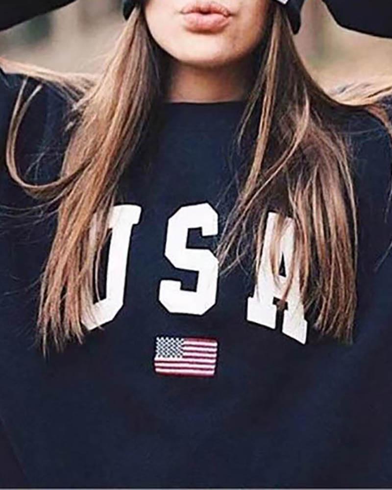 

Letter American Flag Print Casual Sweatshirt, Black