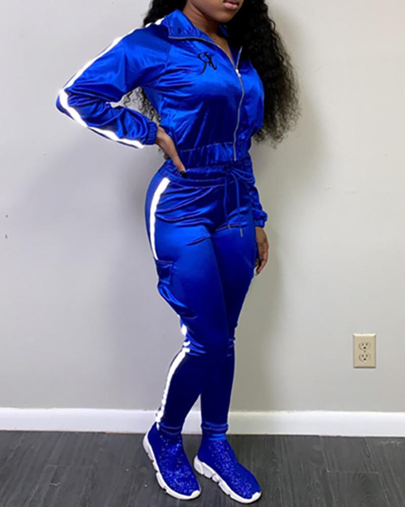 

Striped Tape Zipper Design Crop Top & Drawstring Pants Set, Dark blue