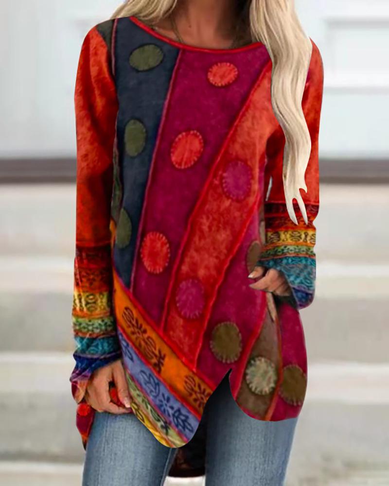 

Graphic Print Irregular Long Sleeve Casual Top, Red