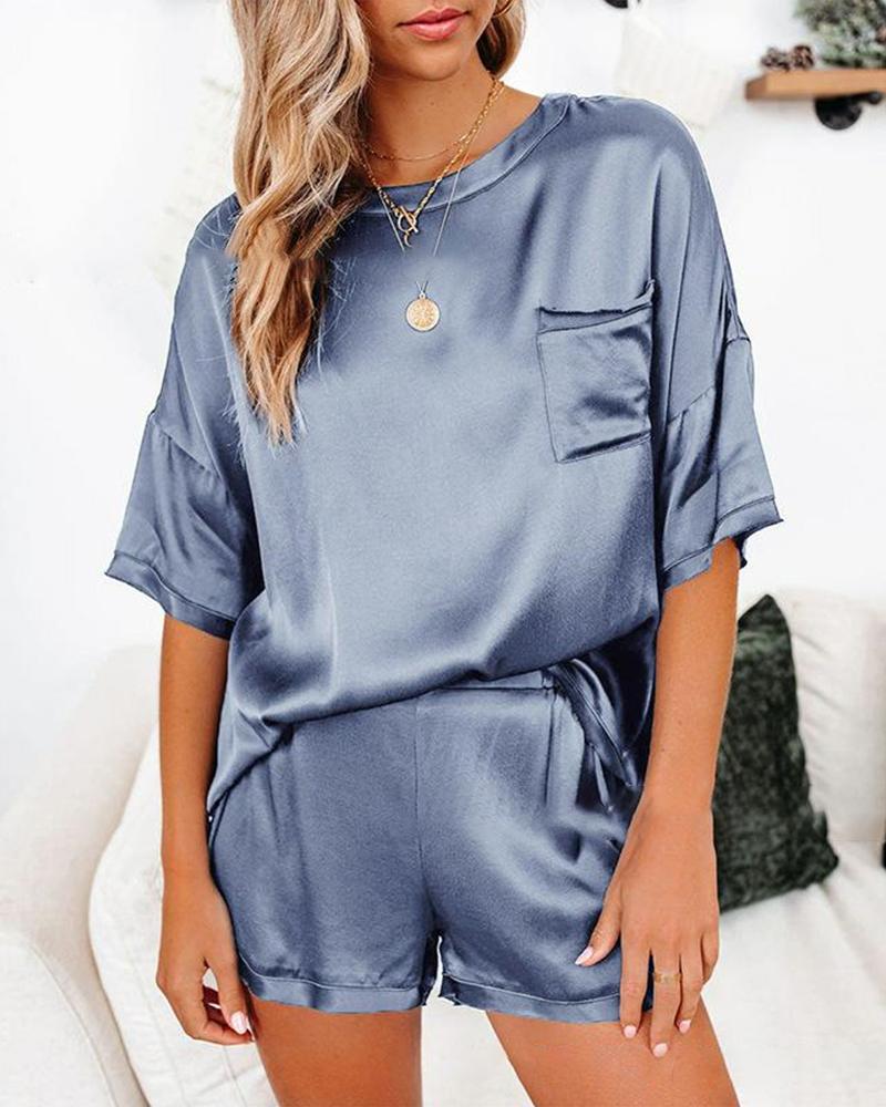 

Solid Half Sleeve T-shirt With Shorts Silk Suit Sets, Purplish blue