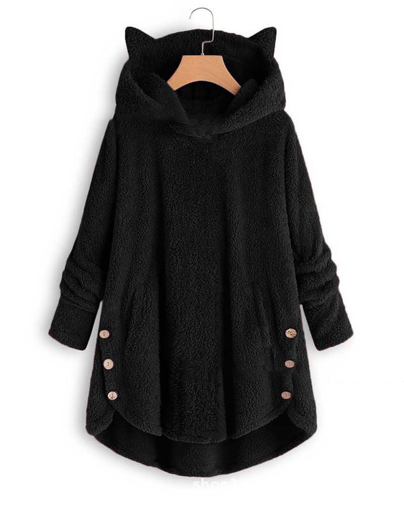 

Plain Button Design Teddy Hooded Coat, Black